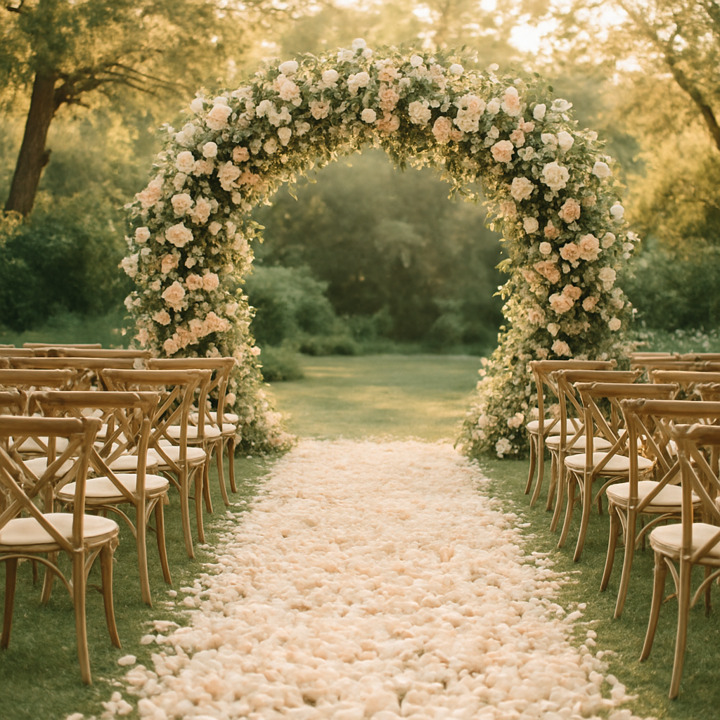 Floral ceremony arch at golden hour