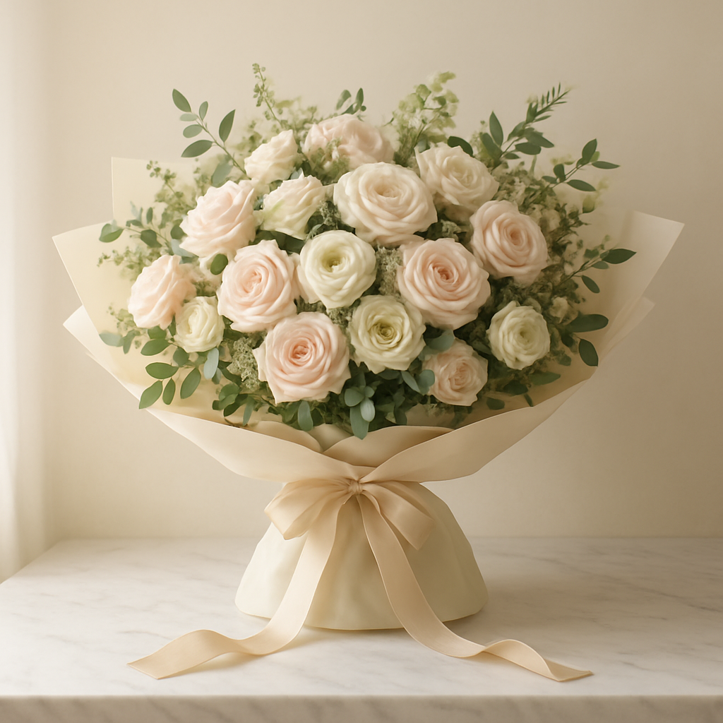Luxury retail bouquet of blush and ivory blooms wrapped in cream paper
